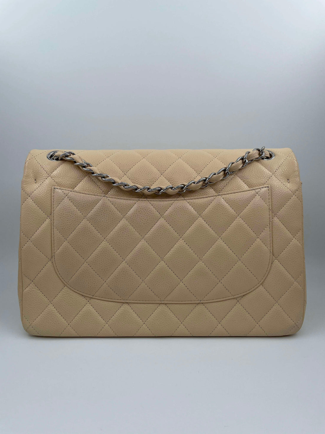 CHANEL Jumbo Beige Caviar Classic Double Flap Handbag Silver Hardware