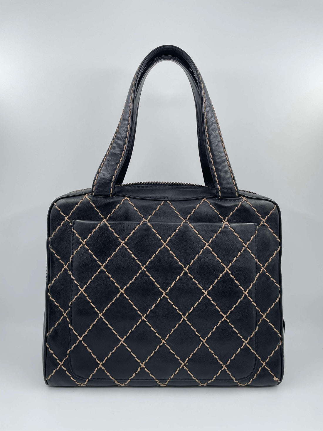 CHANEL VINTAGE BOSTON HANDBAG Wild Stitch Black Beige Leather