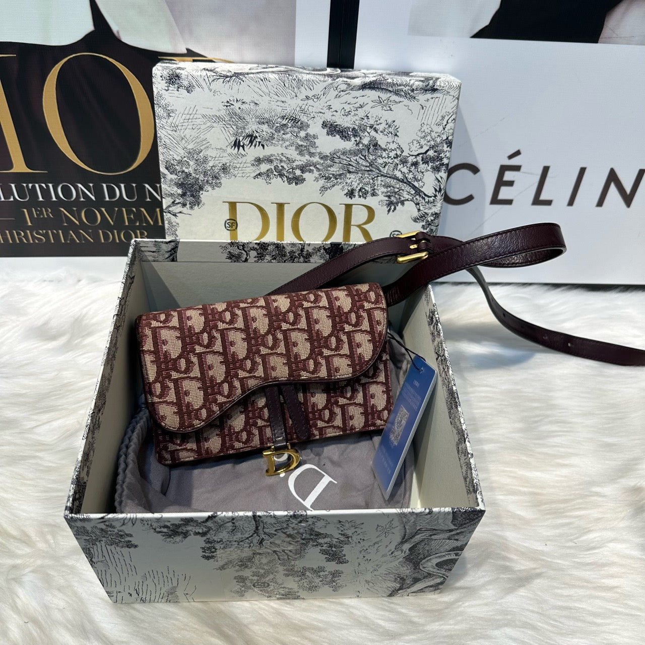 DIOR Saddle-Shaped Chain Wallet, Fabric Crossbody Bag