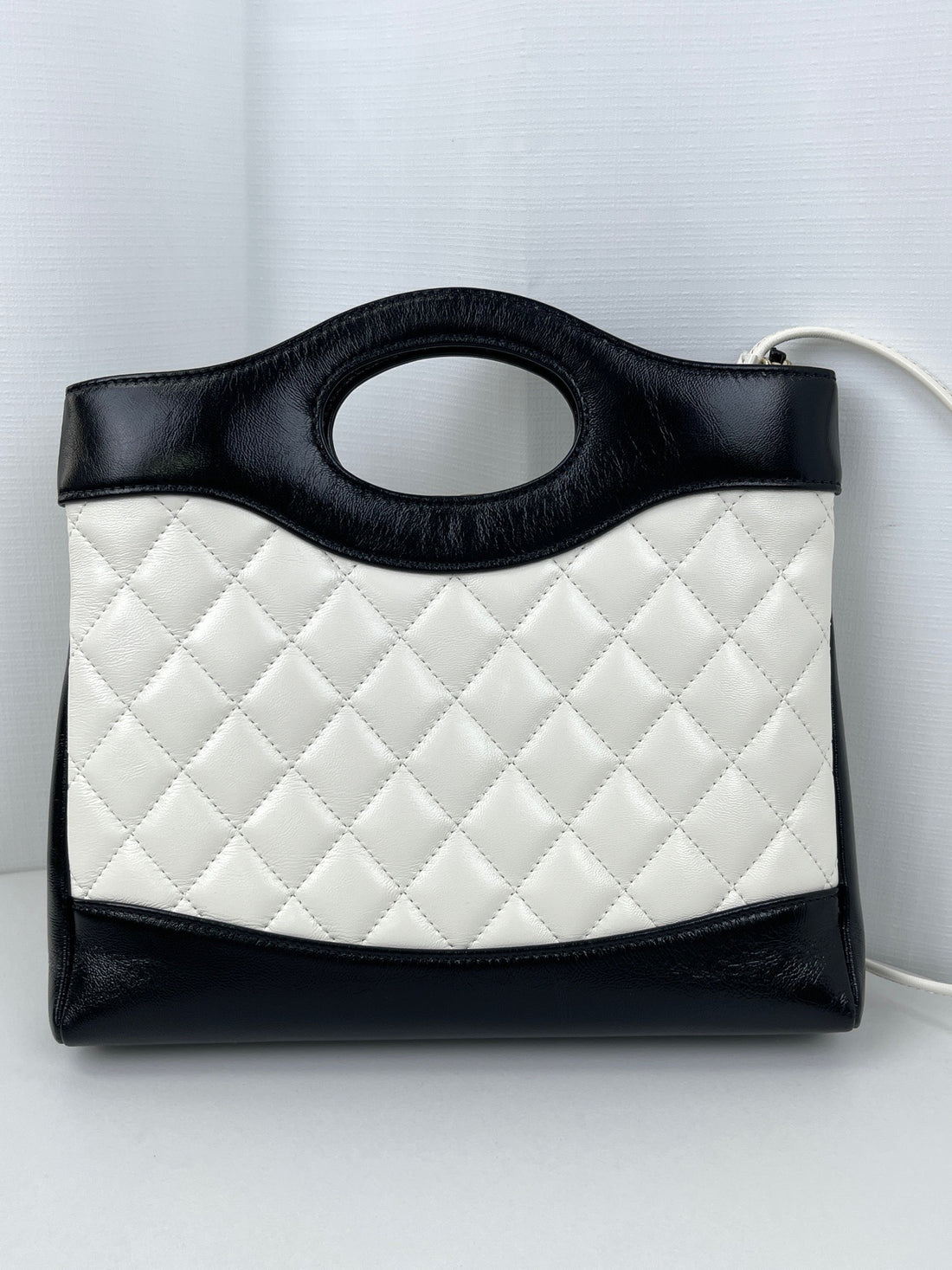 Chanel C31 Mini Shopping Bag, White/Black, Calfskin, Large Hardware