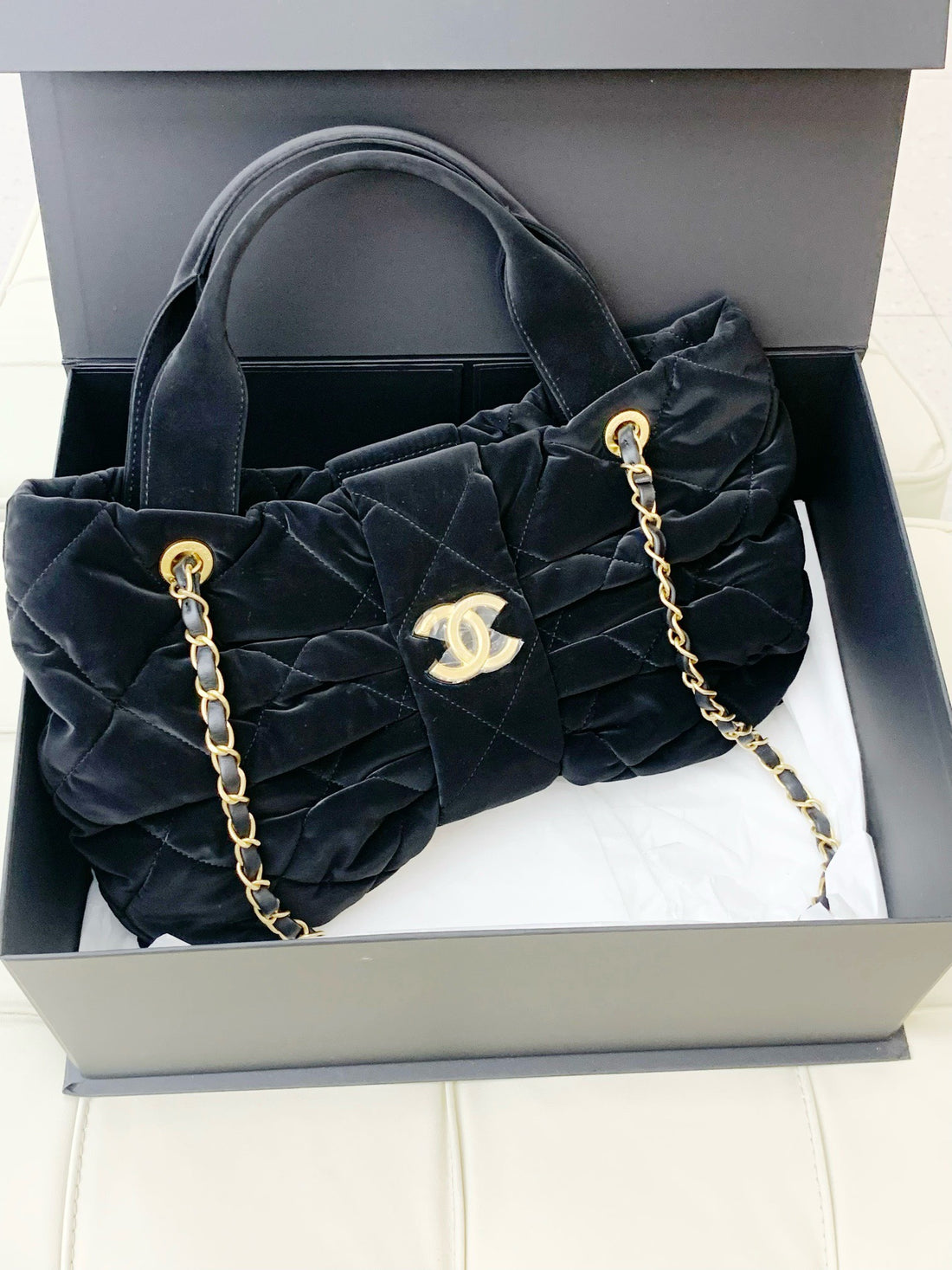 Chanel 25k Collection Black Velvet Medium Bow Bag with Gold Buckle