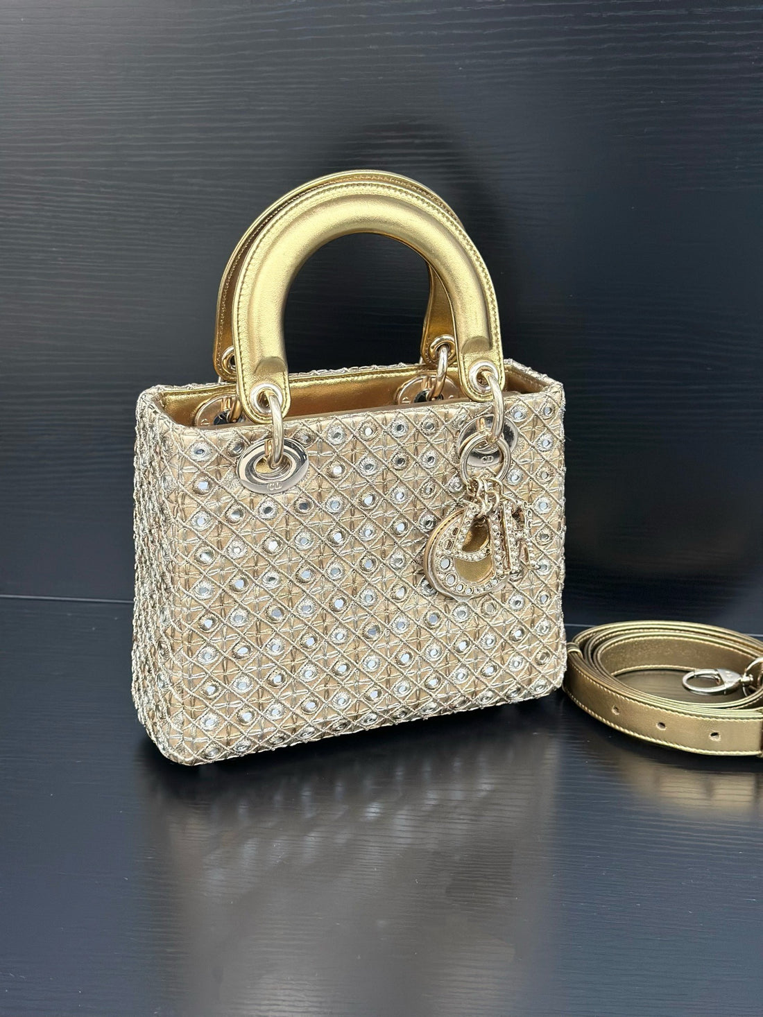 Dior Lady Dior Collection Openwork Mirrored Champagne Gold Handbag/Crossbody Bag