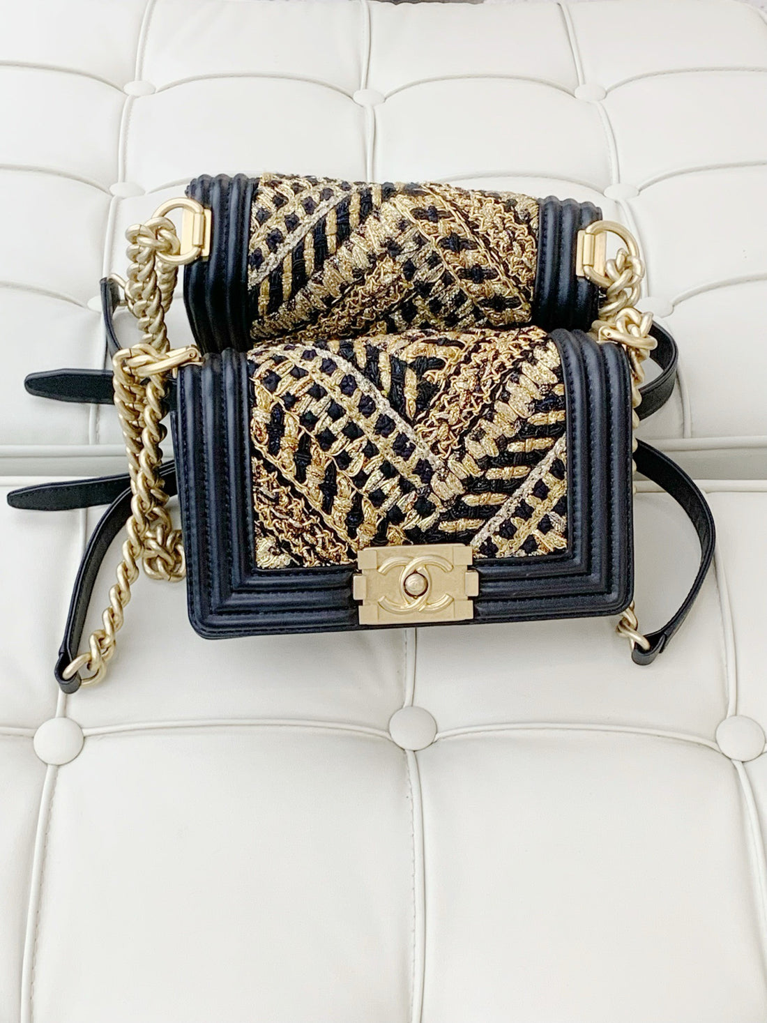 Chanel 19A Métiers d'Art Egypt Collection Le Boy Small Chain Bag in Gold Multi-Patchwork Tweed and Black Calfskin.