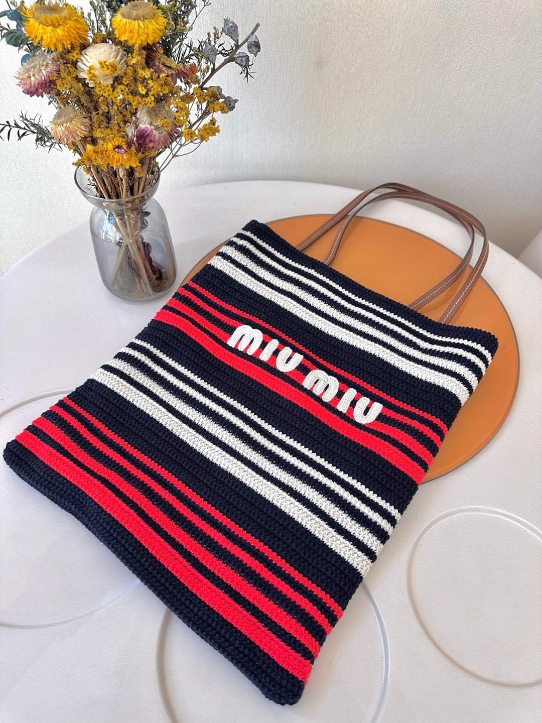 Miu Miu  Striped Crochet Handbag in Blue, Red, and White