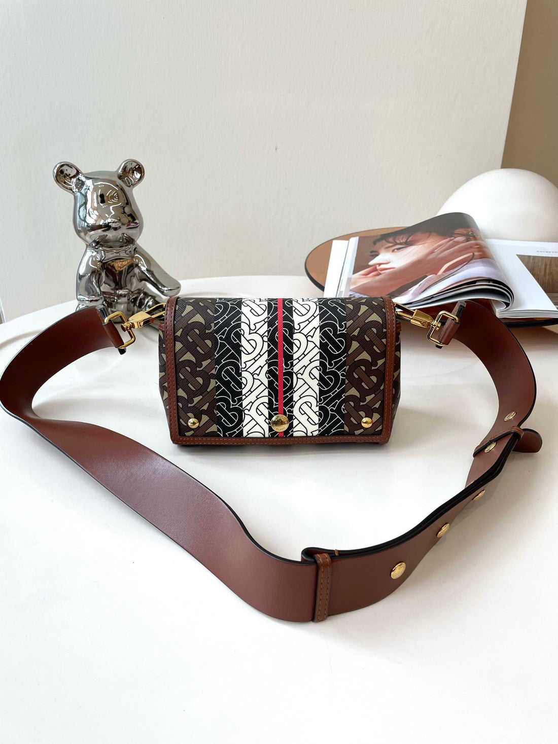 Burberry  E-Canvas Monogram Stripe Hackberry Crossbody Bag, Saddle Brown