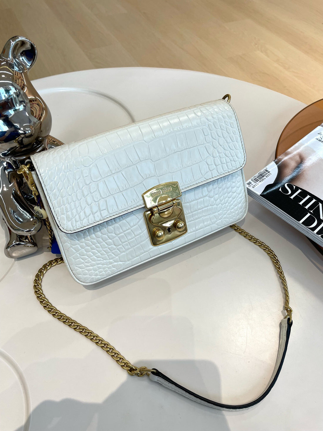 Miu Miu white crocodile-embossed leather shoulder bag