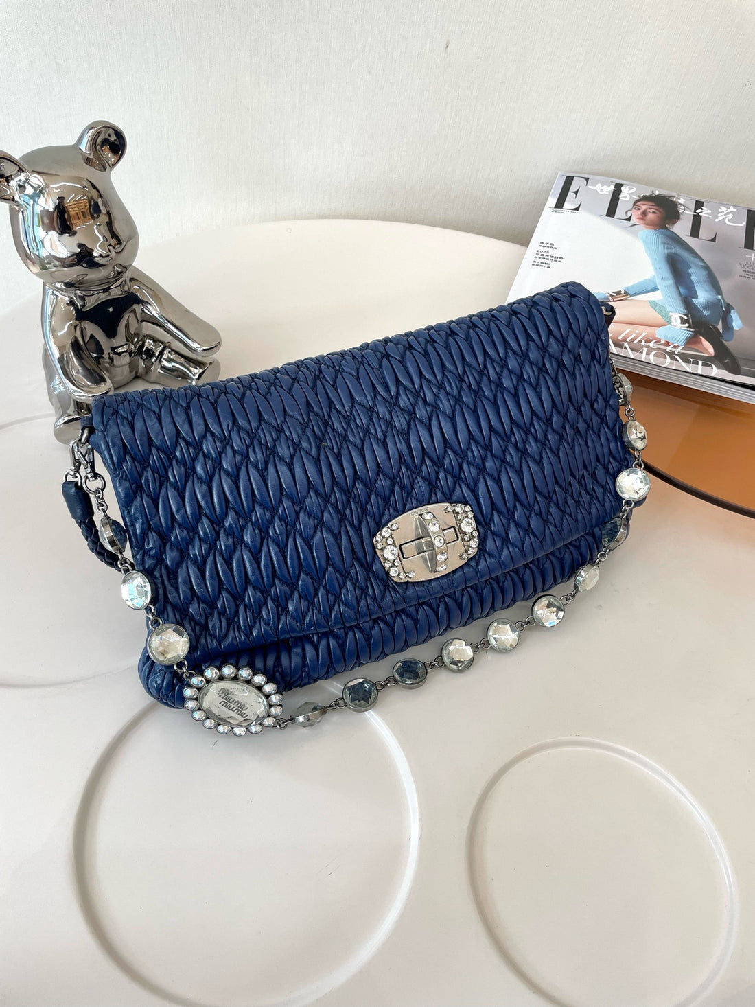 Miu Miu Pleated Nappa Leather Crystal Shoulder Bag