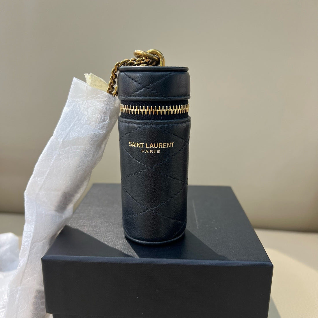 Saint Laurent quilted leather lipstick case (with chain)