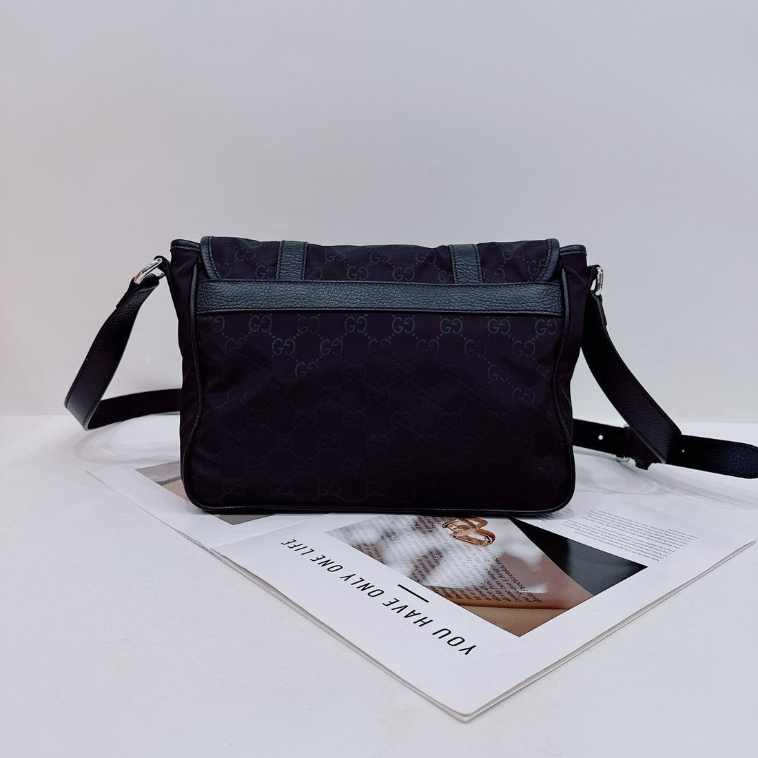 Gucci Guccissima Monogram Nylon Leather Double Buckle Crossbody Bag