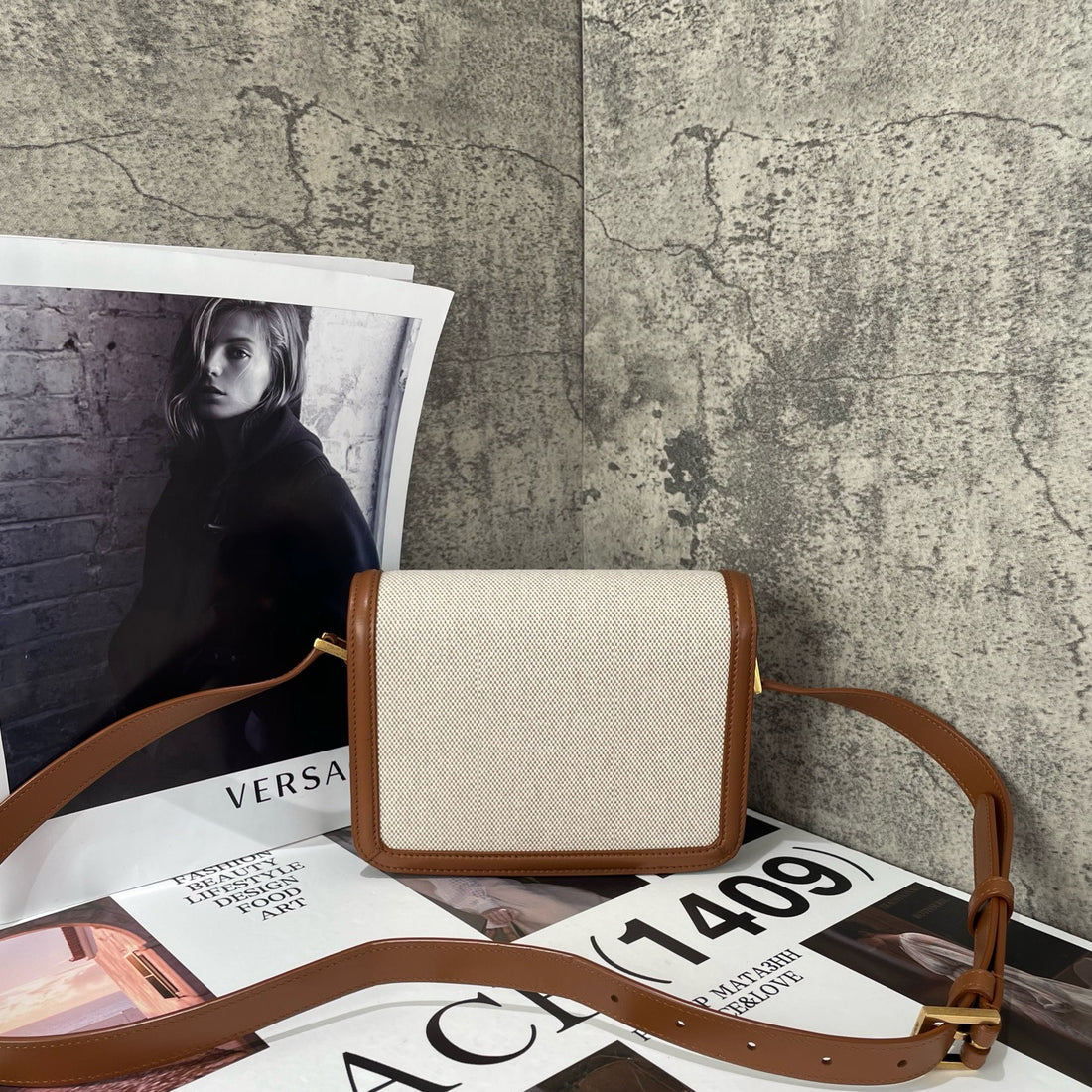 YSL Saint Laurent Solferino White Canvas with Gold and Brown Trim - Tofu Bag/Box