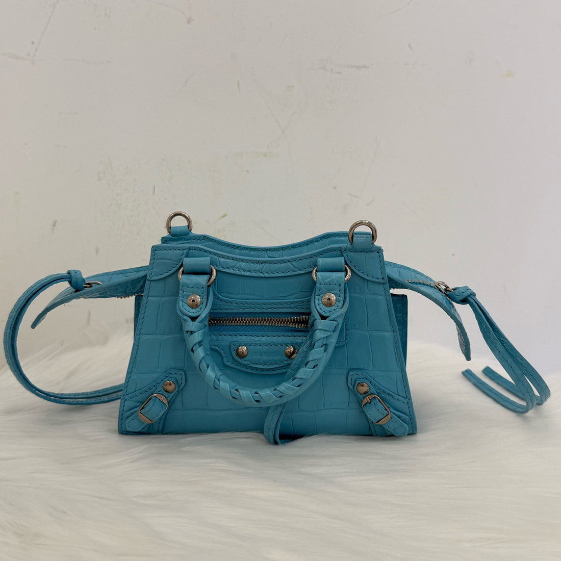 Balenciaga Neo Classic City Mini Reversible Tote Bag, Crocodile Embossed Pattern, Blue