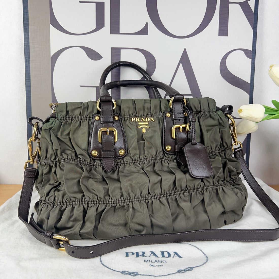 PRADA Green Nylon Pleated Reversible Shoulder Bag