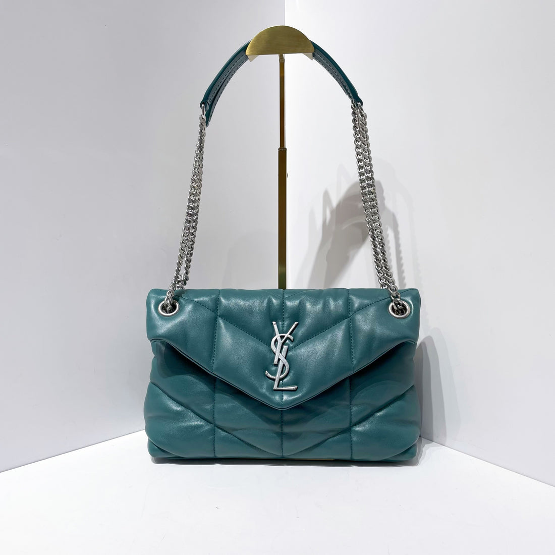 YSL Loulou down-filled shoulder bag, small quilted leather crossbody bag.