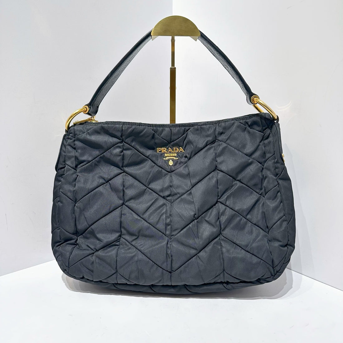 Prada Black Herringbone Quilted Nylon Shoulder Bag