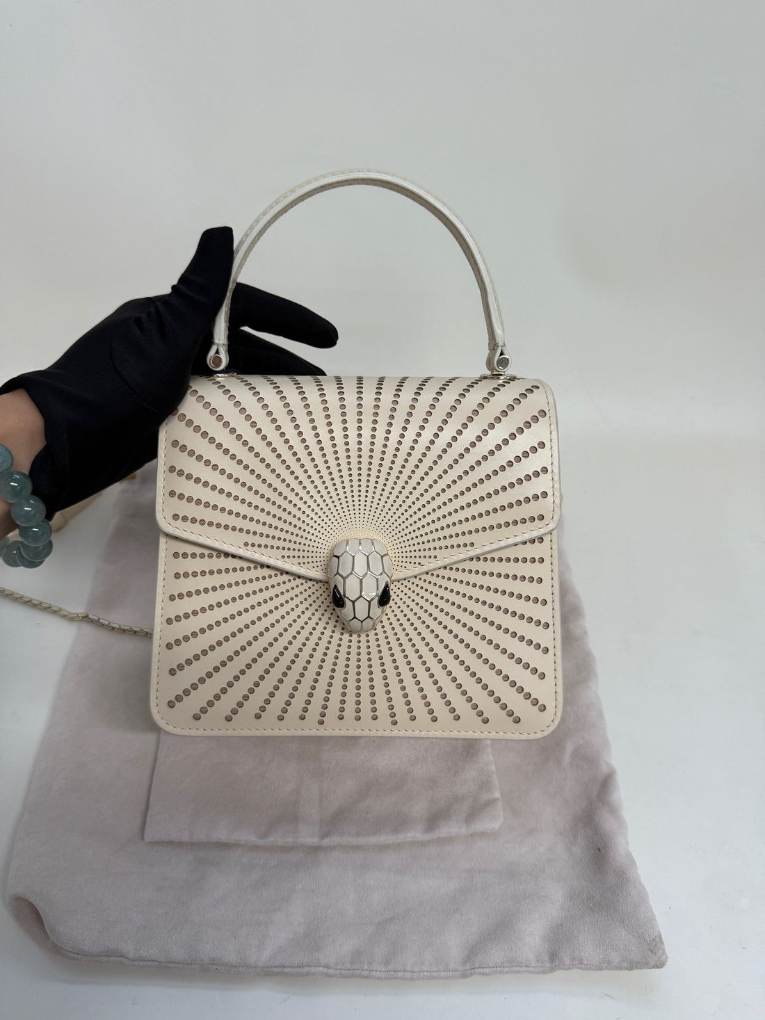 Bulgari Serpenti Forever calfskin shoulder bag, classic ivory color for women.