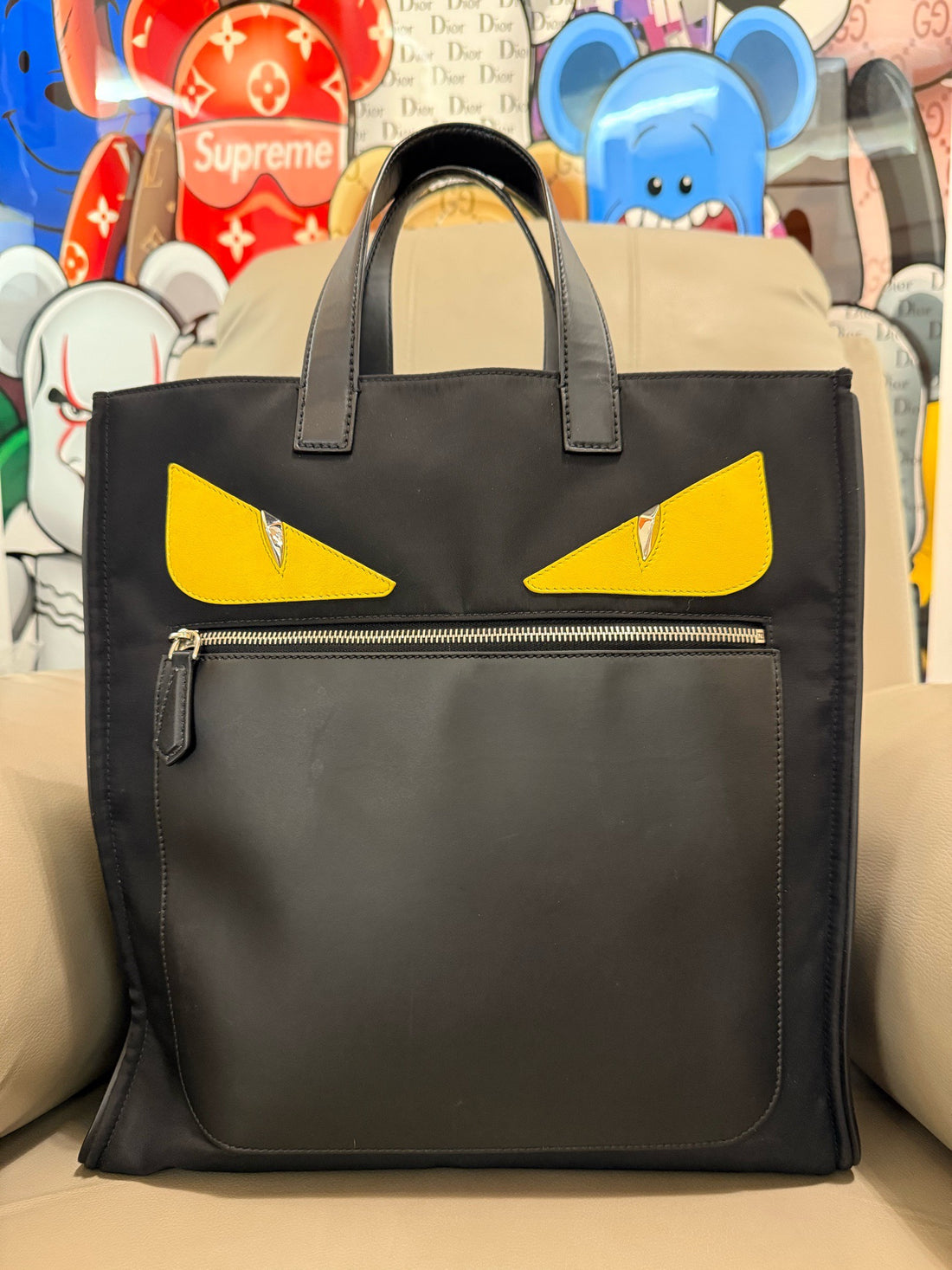 Fendi Monster Bugs Black Yellow Eyes Nylon Tote Bag