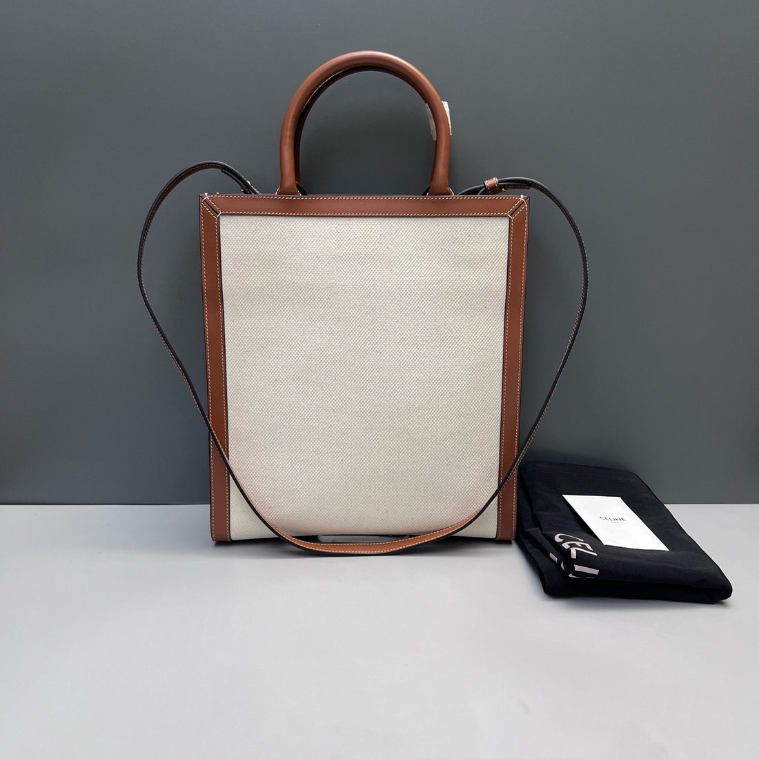 Celine Mini Vertical Cabas: Carriage print canvas and calfskin.