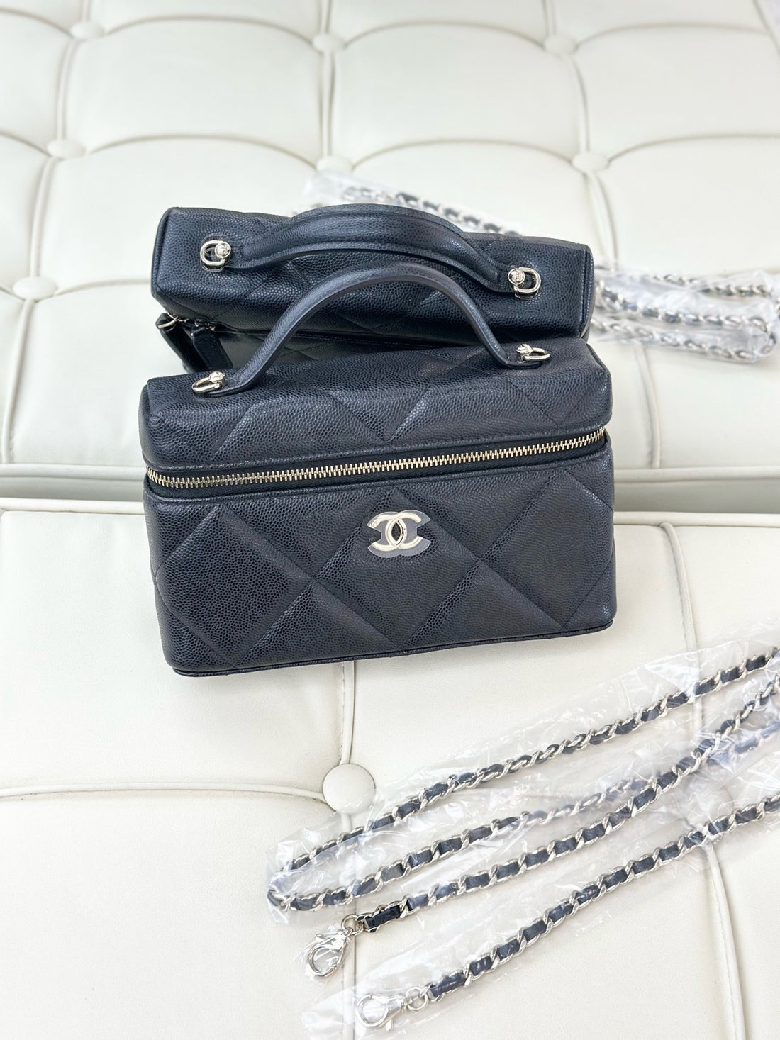 Chanel 25K LP Black Quilted Caviar Top Handle Slim Vanity Case Black with Chain