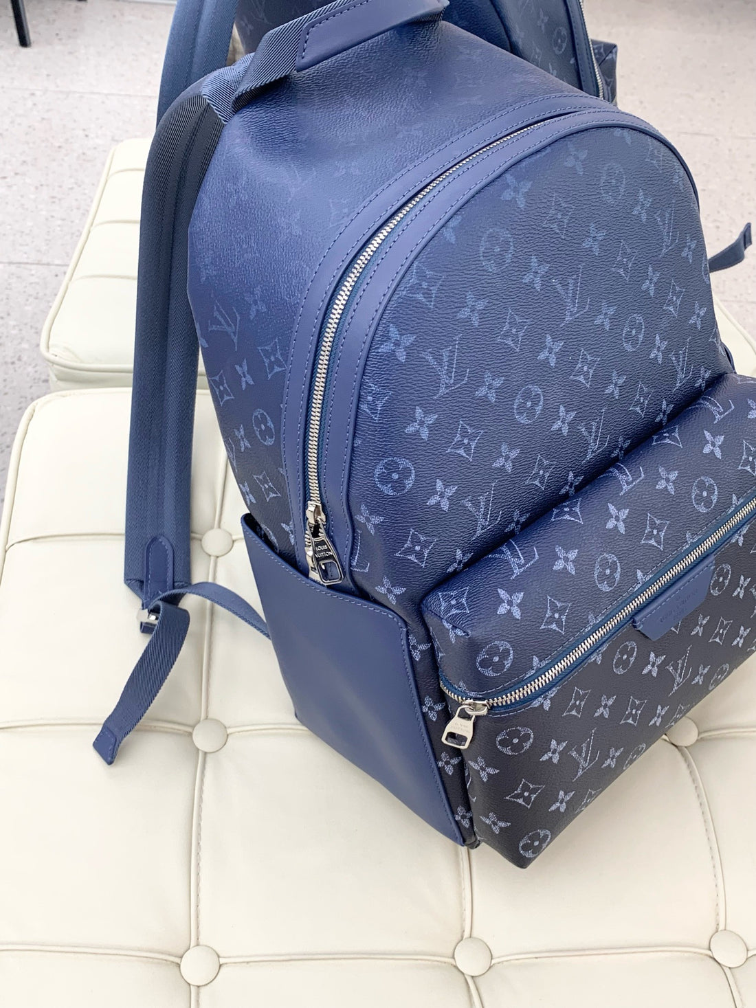 Louis Vuitton Discovery new Apollo blue floral gradient blue calfskin backpack with silver hardware, small size.