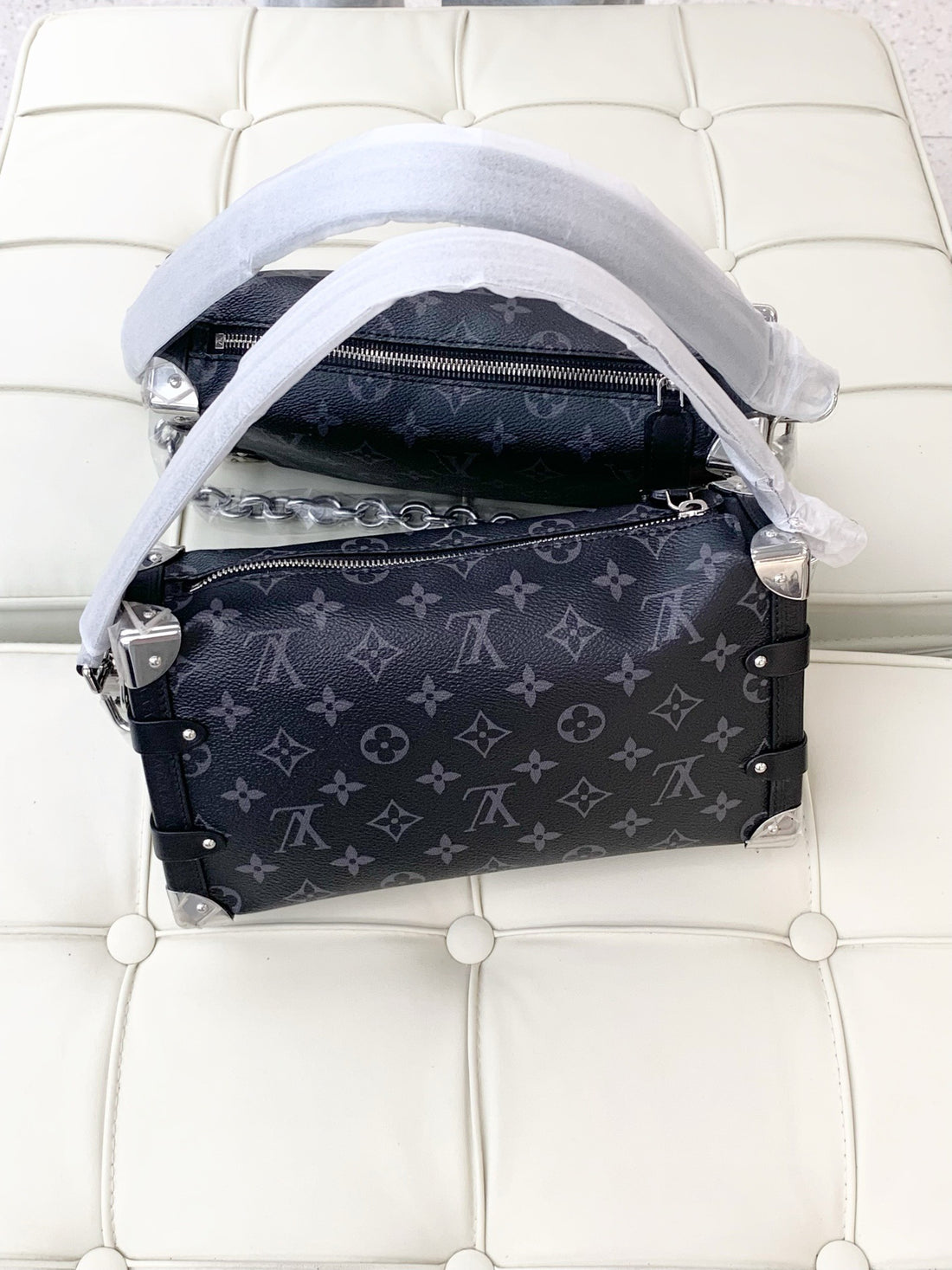 Louis Vuitton Side Trunk East West Medium Horizontal Black Monogram Silver Buckle Leather Box Bag/Soft Box