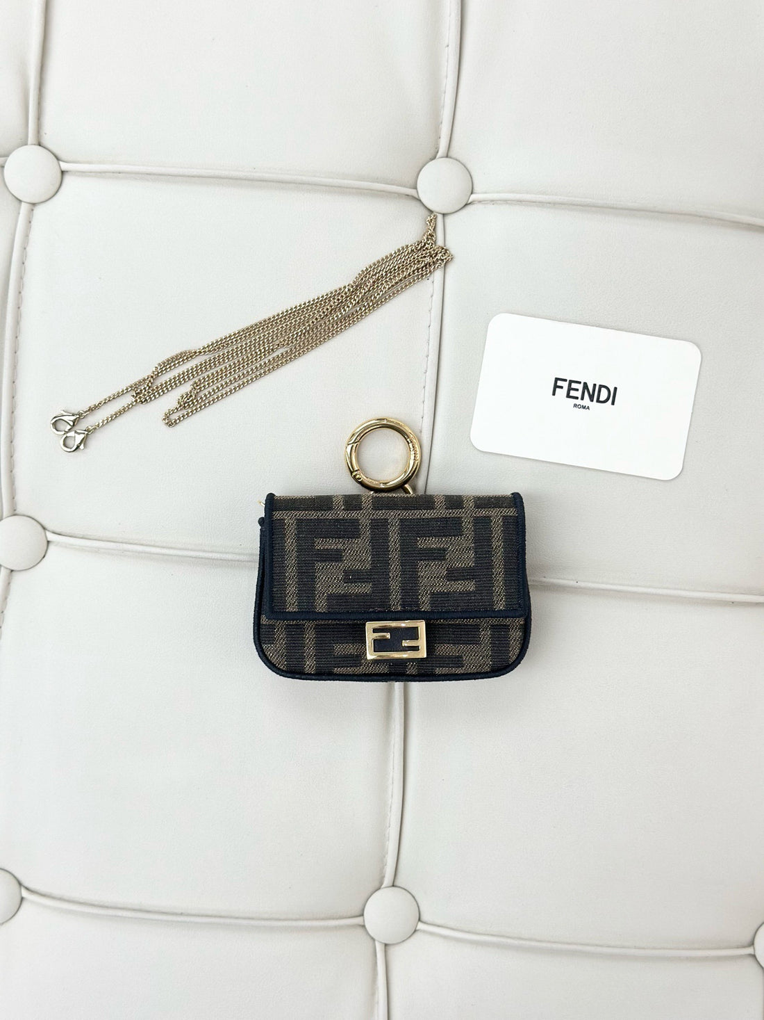 Fendi Nano Baguette Keychain with FF Logo, Nylon Brown