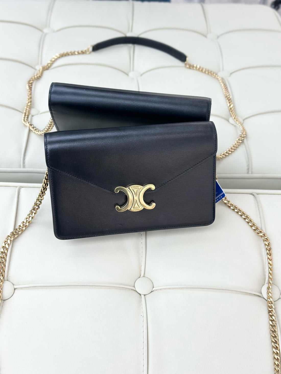 Celine Triomphe Black Calfskin Chain Wallet with Arc de Triomphe Logo
