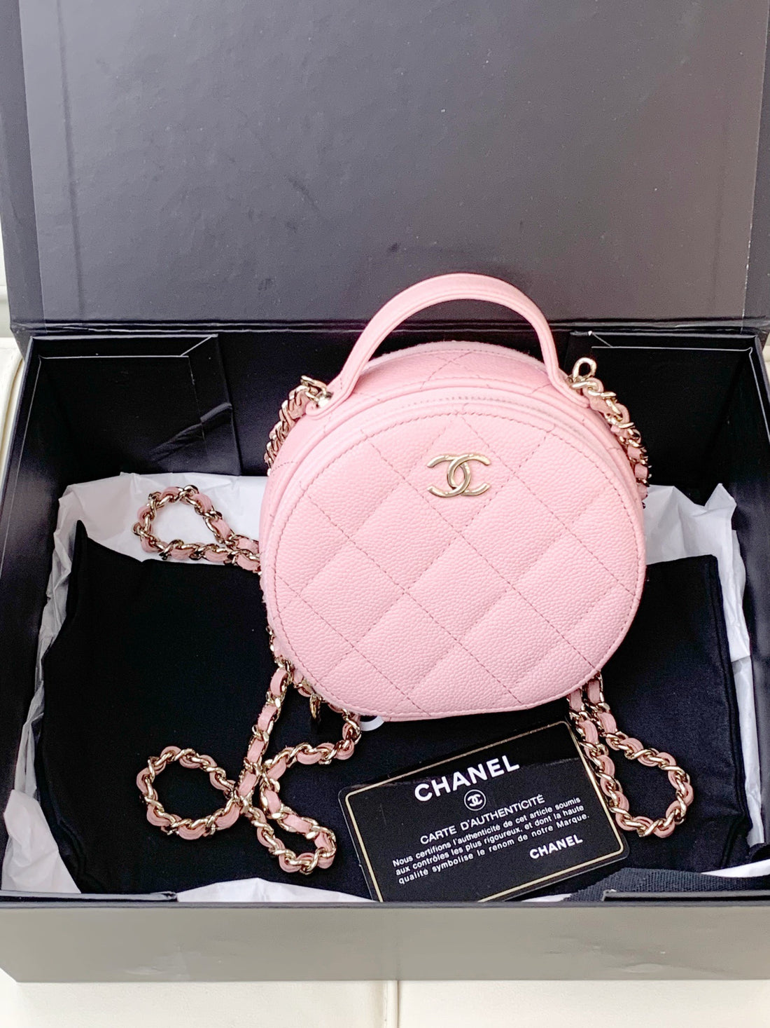 Chanel pink caviar leather mini round handle cosmetic bag