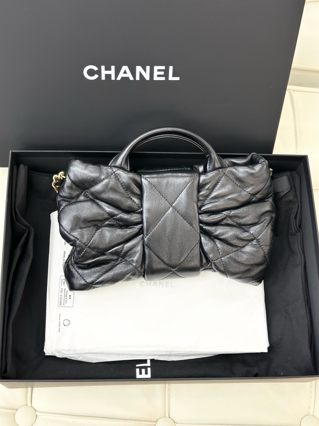 Chanel mini bow handbag, black patent lambskin