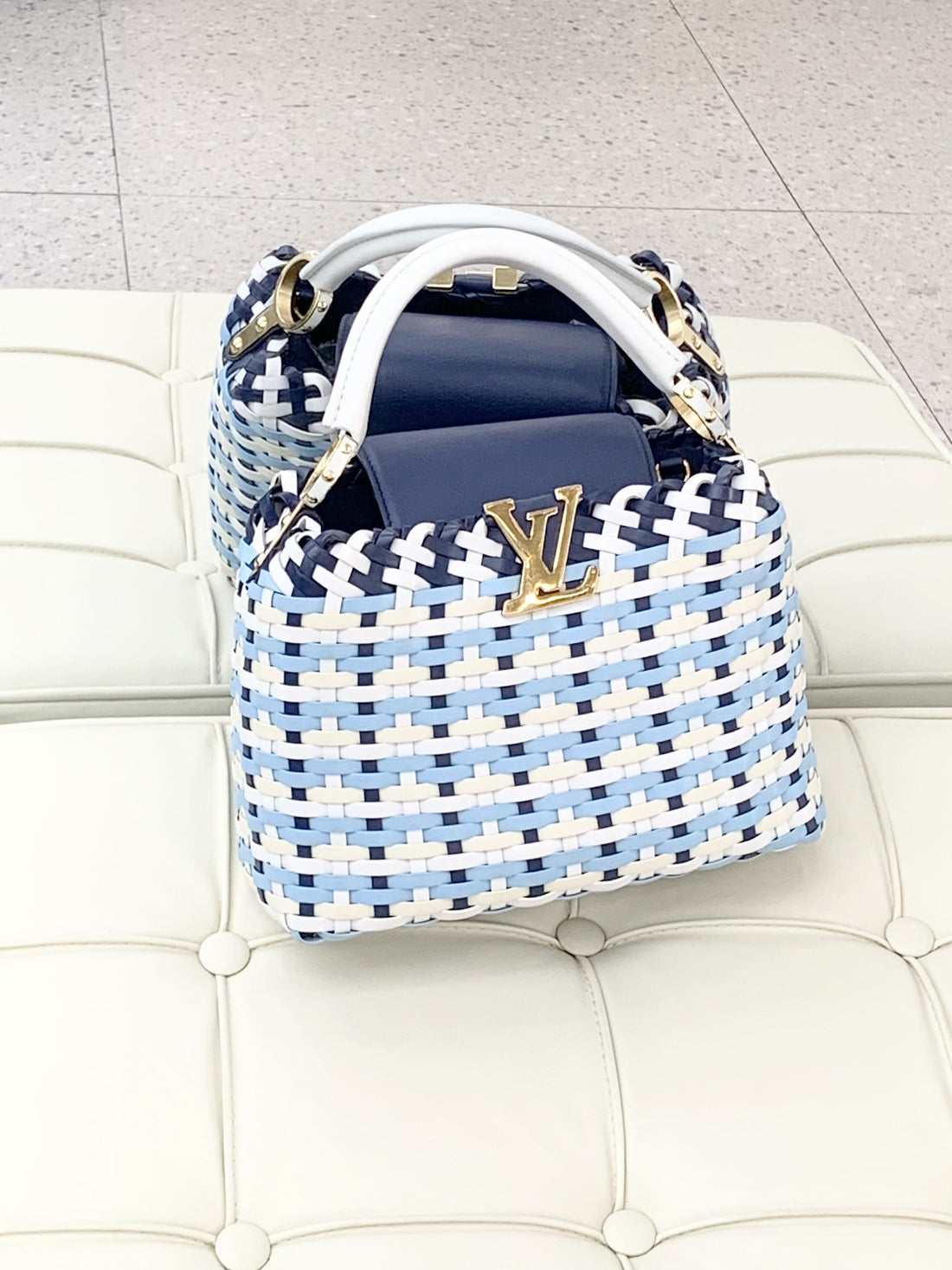 Lvcapucines mini blue and white woven leather shoulder/crossbody bag with gold buckle