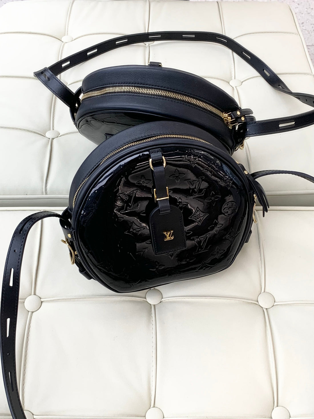 Louis Vuitton Black Patent Leather Round Shoulder Bag with Gold Buckles