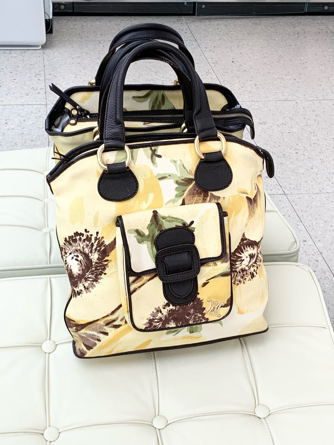 Celine Yellow Floral Canvas Tote Bag with Gold Buckle