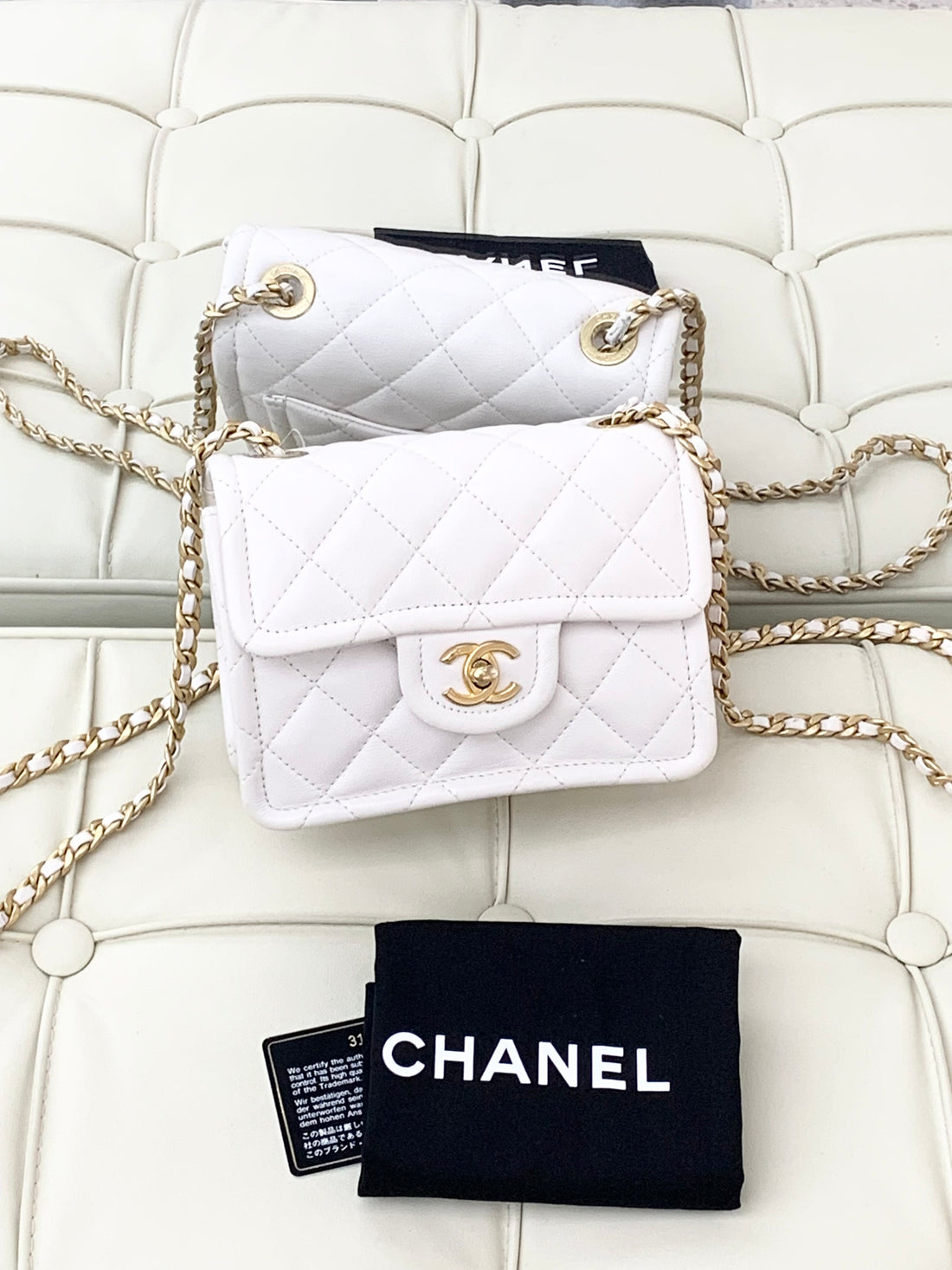 Chanel square flap white leather chain shoulder bag