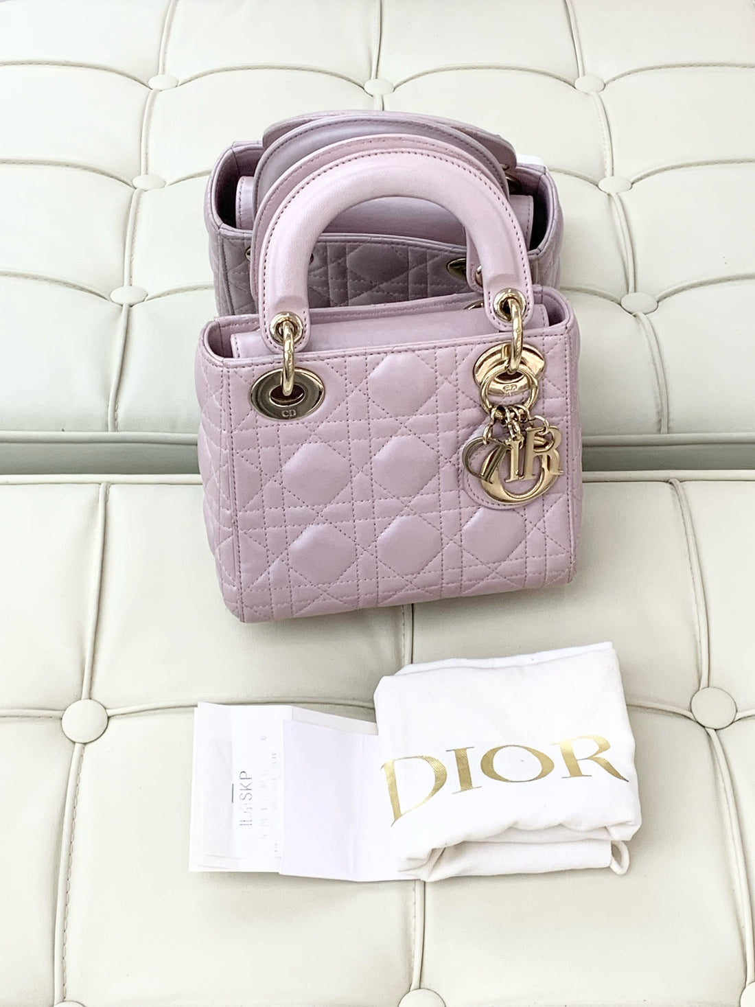 DIOR mini Lady Cannage handbag, light purple lotus pearlescent lambskin, light gold