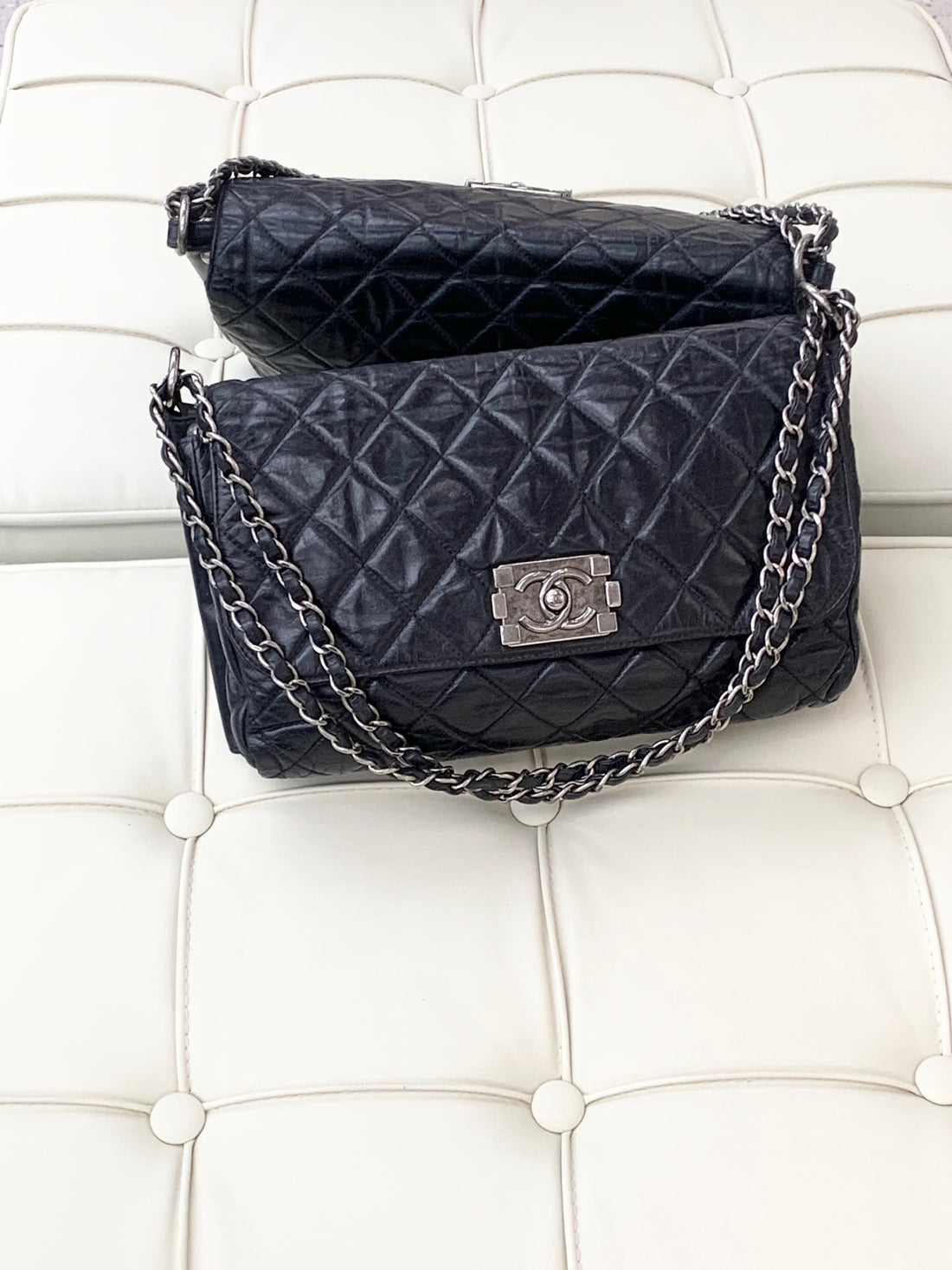 Chanel Bombay Collection Le Boy Black with Silver Buckle, Oil-waxed Calfskin Chain Bag