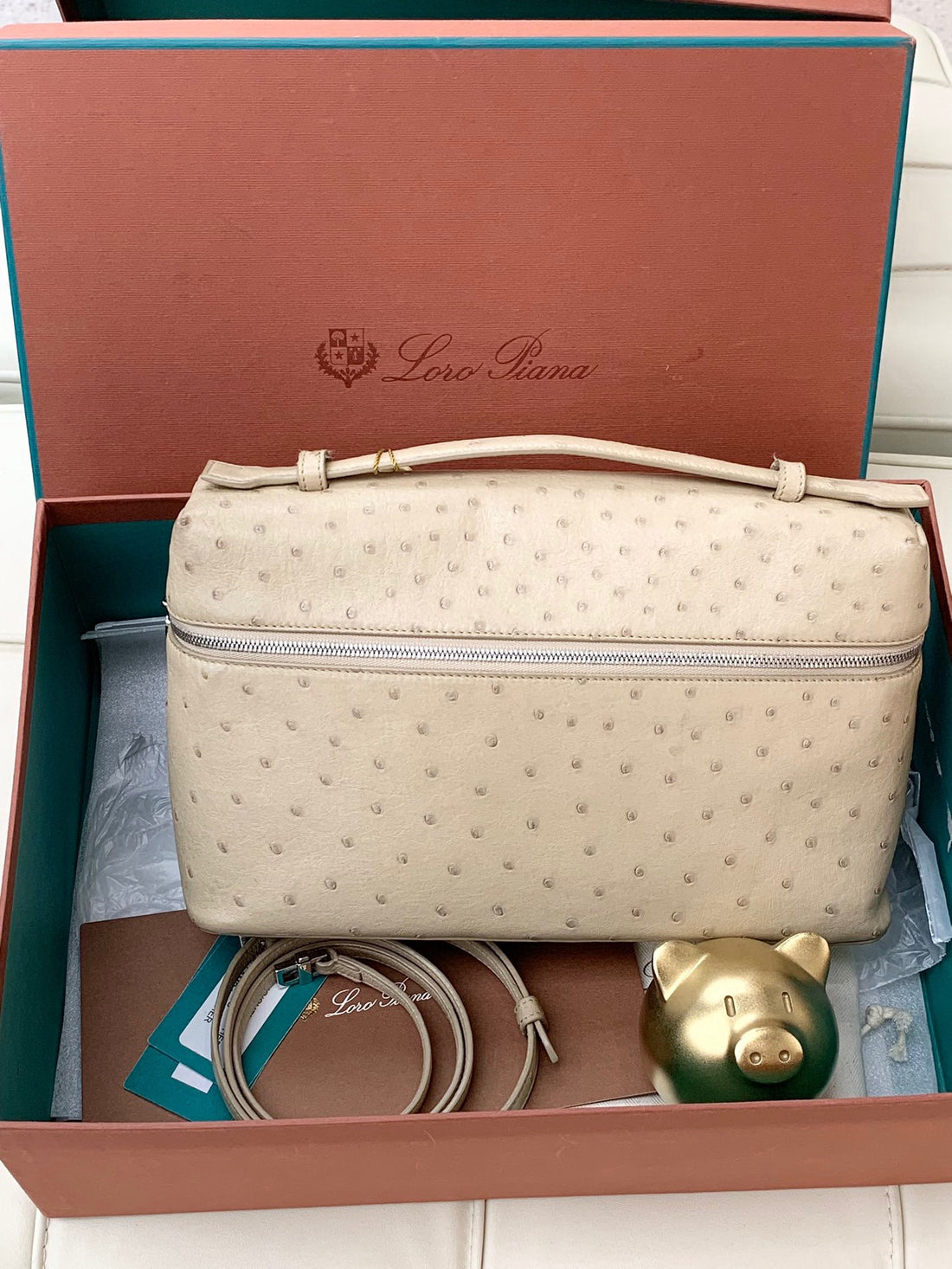Loro Piana Extra Bag Pocket L27 Ostrich Leather Exotic Sun Gold