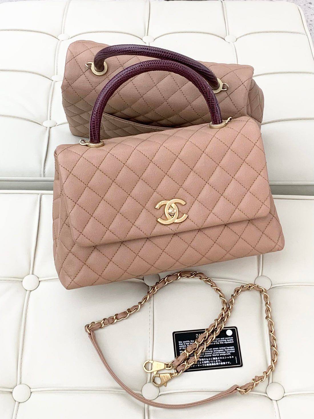 Chanel deep beige caviar/burgundy lizard skin cocoa handle with gold hardware