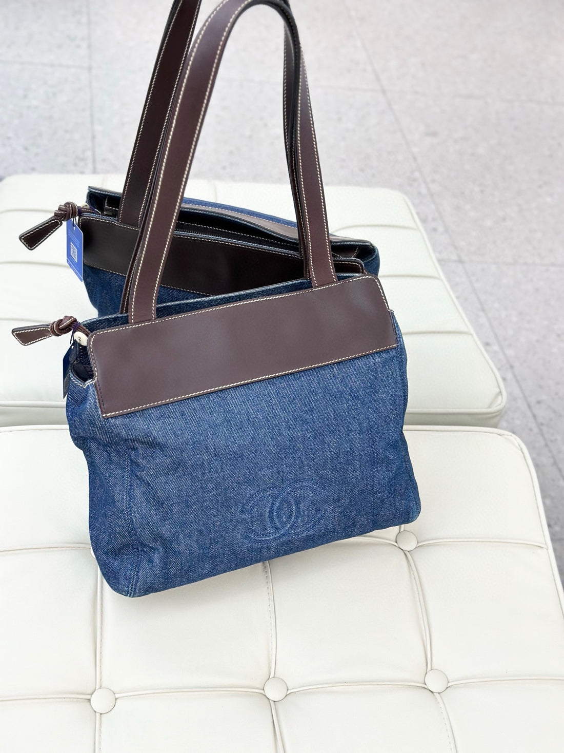 Chanel denim handbag with blue leather trim