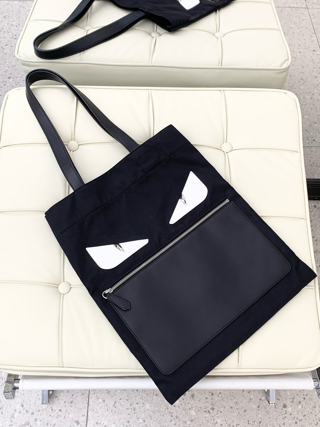 FENDI Monster Logo Canvas Tote Bag, Black and Silver Shoulder Bag, Classic Style