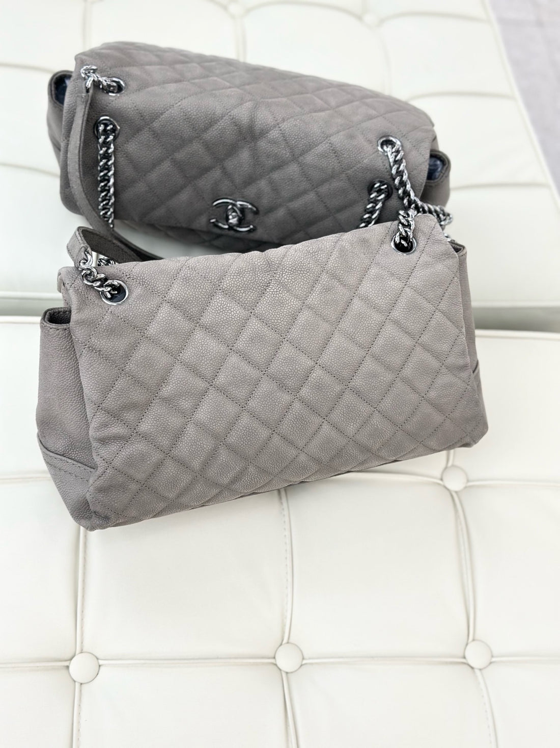 Chanel Matte Fog Grey/Elephant Grey Lychee Grain Leather Airport Bag with Silver Hardware