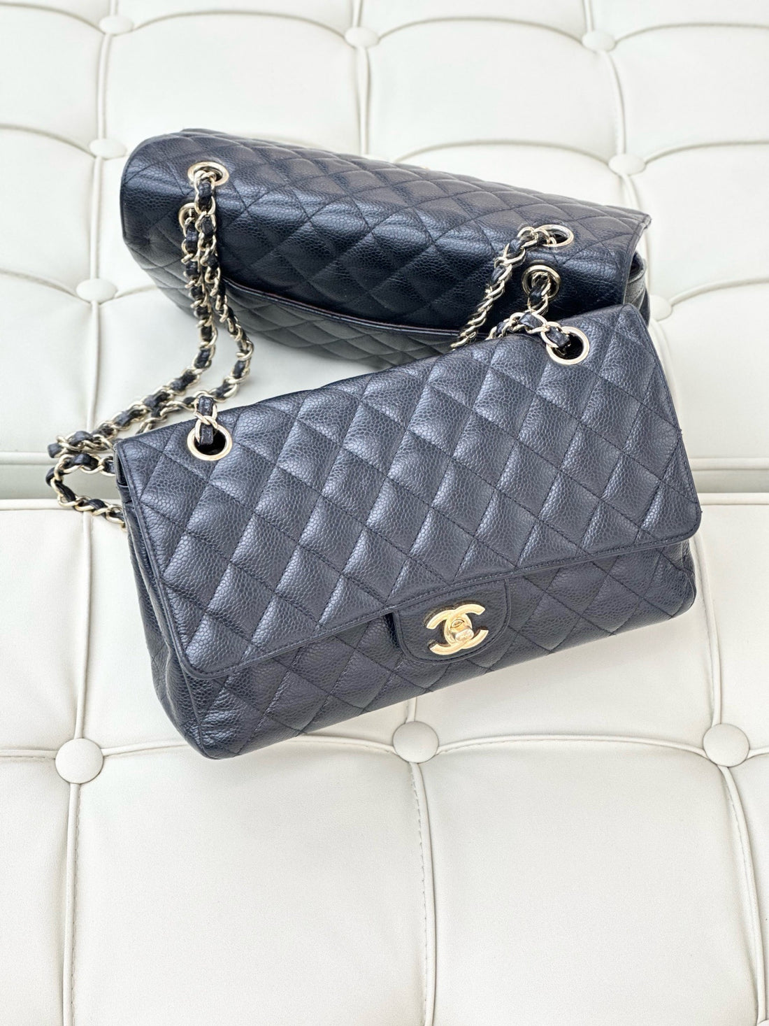 Chanel CF Medium Black Gold Buckle Leather Double Flap Chain Bag