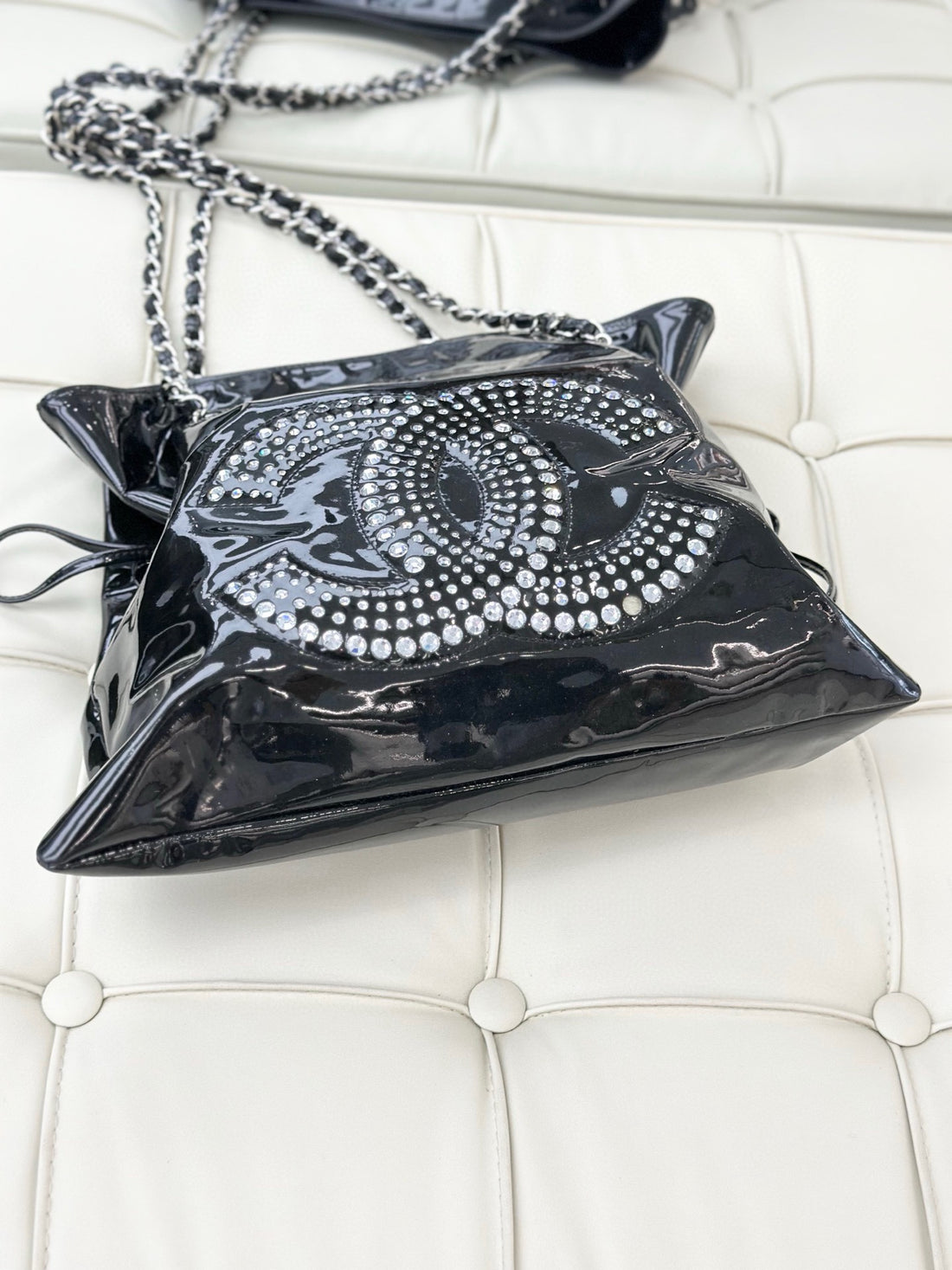 Chanel glossy studded double C logo drawstring bucket bag