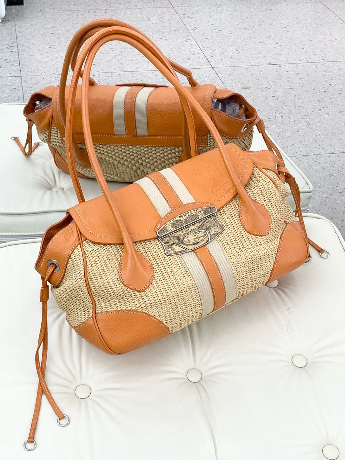 Prada large shoulder bag in raffia and orange leather