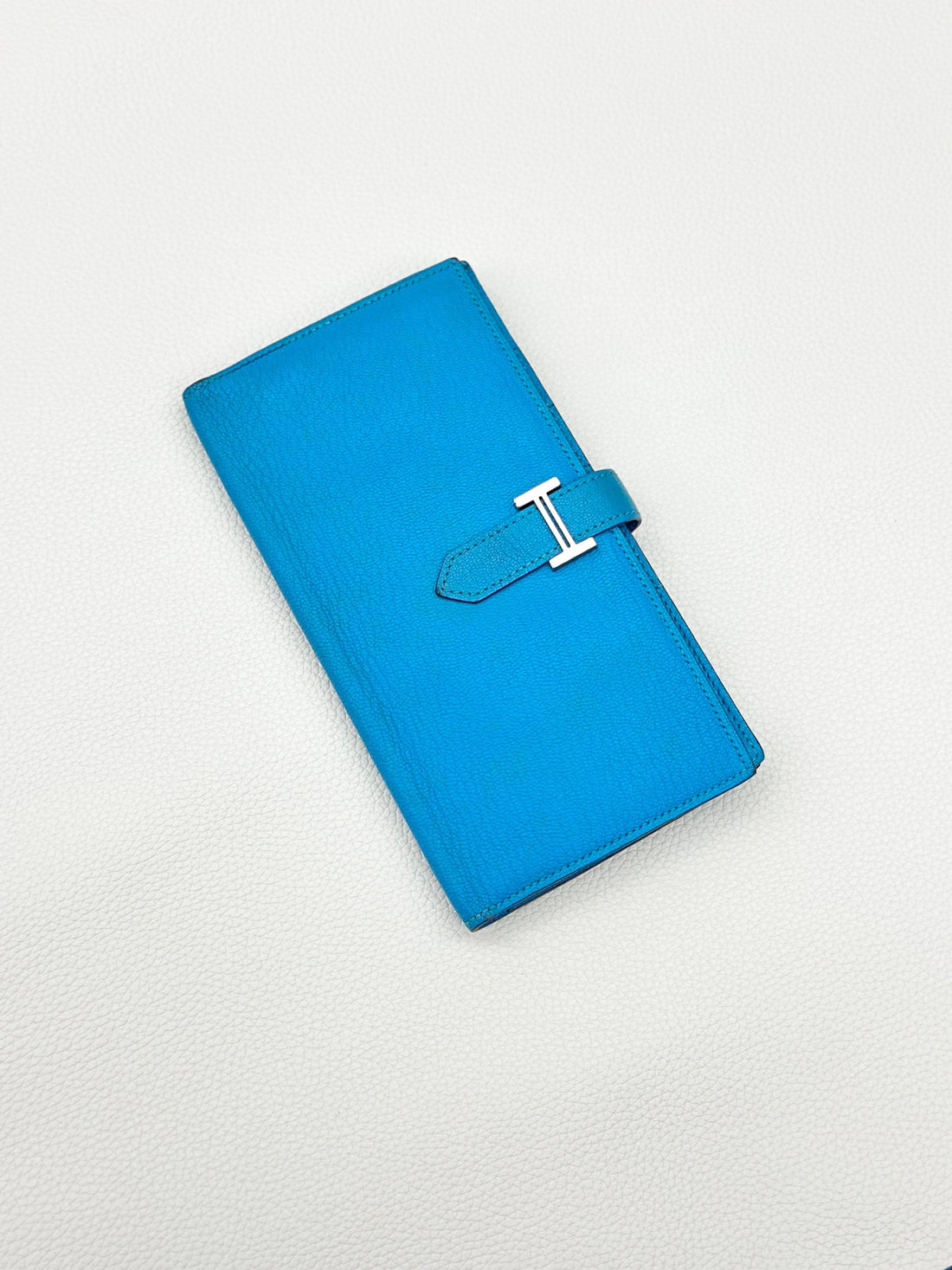 Hermes 75 Denim Blue Brean Silver Buckle Wallet