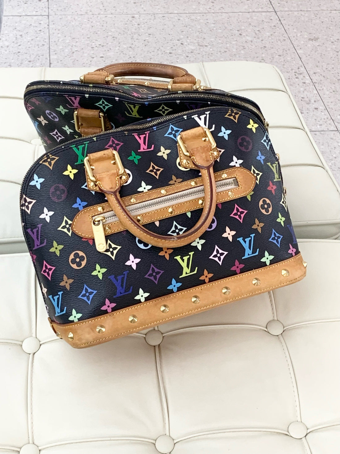 Louis Vuitton Takashi Murakami Black Tricolor Alma Bag with Studs and Gold Buckle, Leather Shell Bag