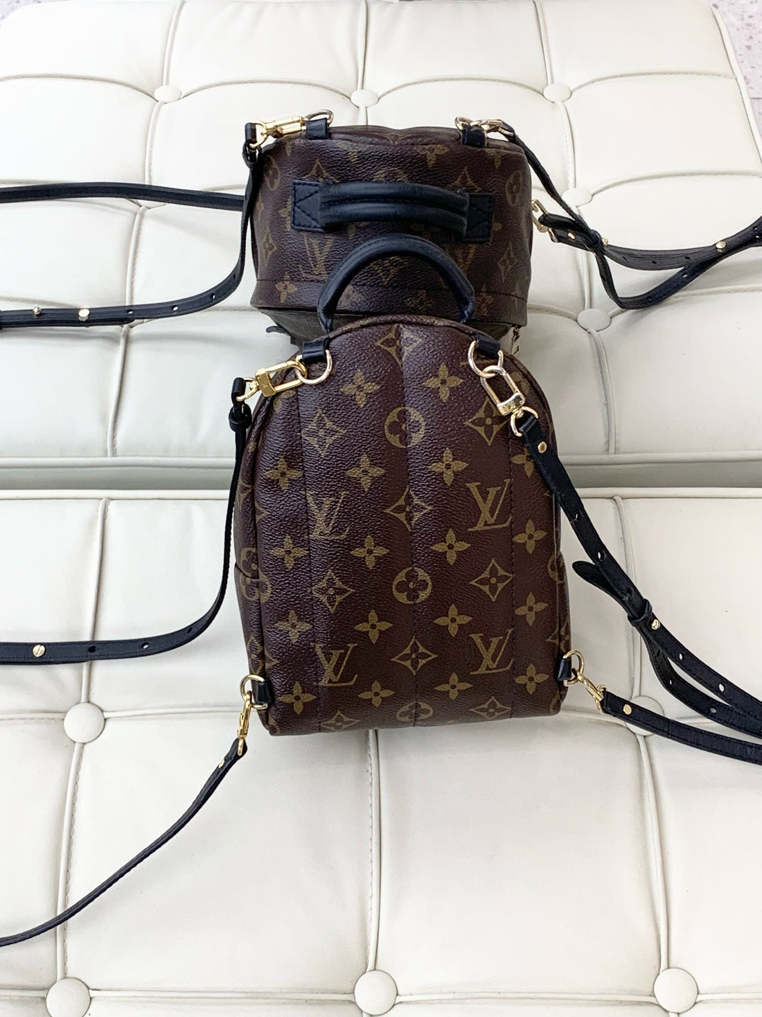 Louis Vuitton Palm Springs monogram brown leather mini backpack with gold buckle