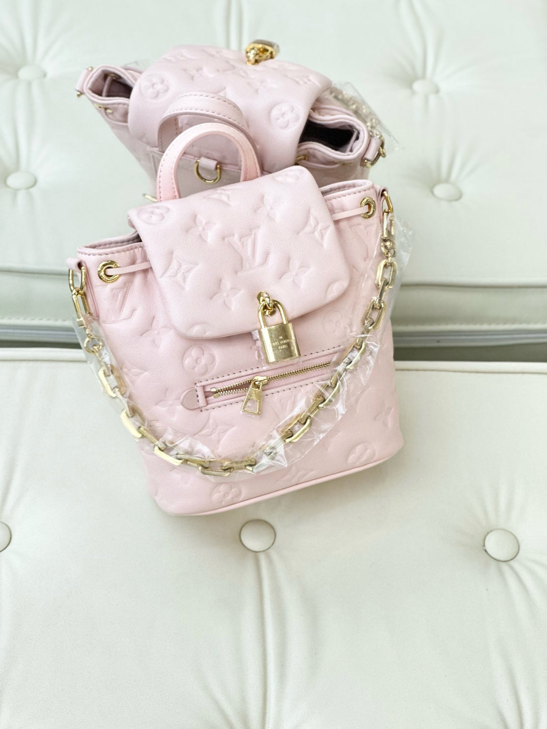 Louis Vuitton Backup Backpack, Monogram Embossed Leather, Light Pink/White