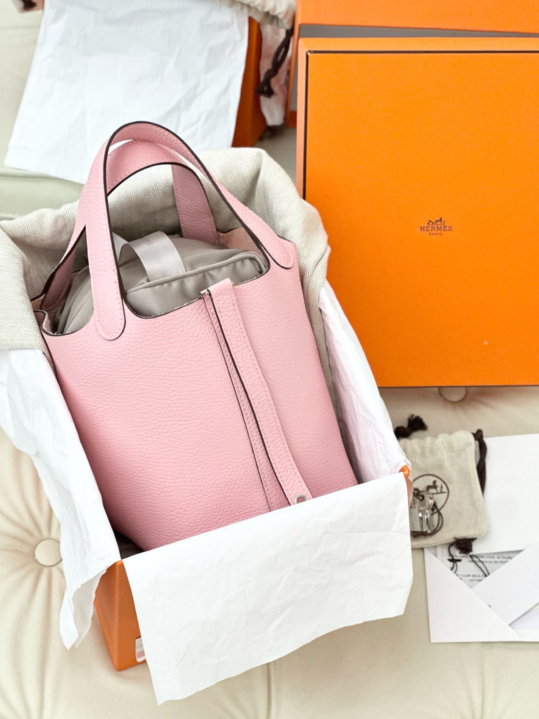 Hermes 3Q Cherry Blossom Pink Picotin Basket with Silver Buckle