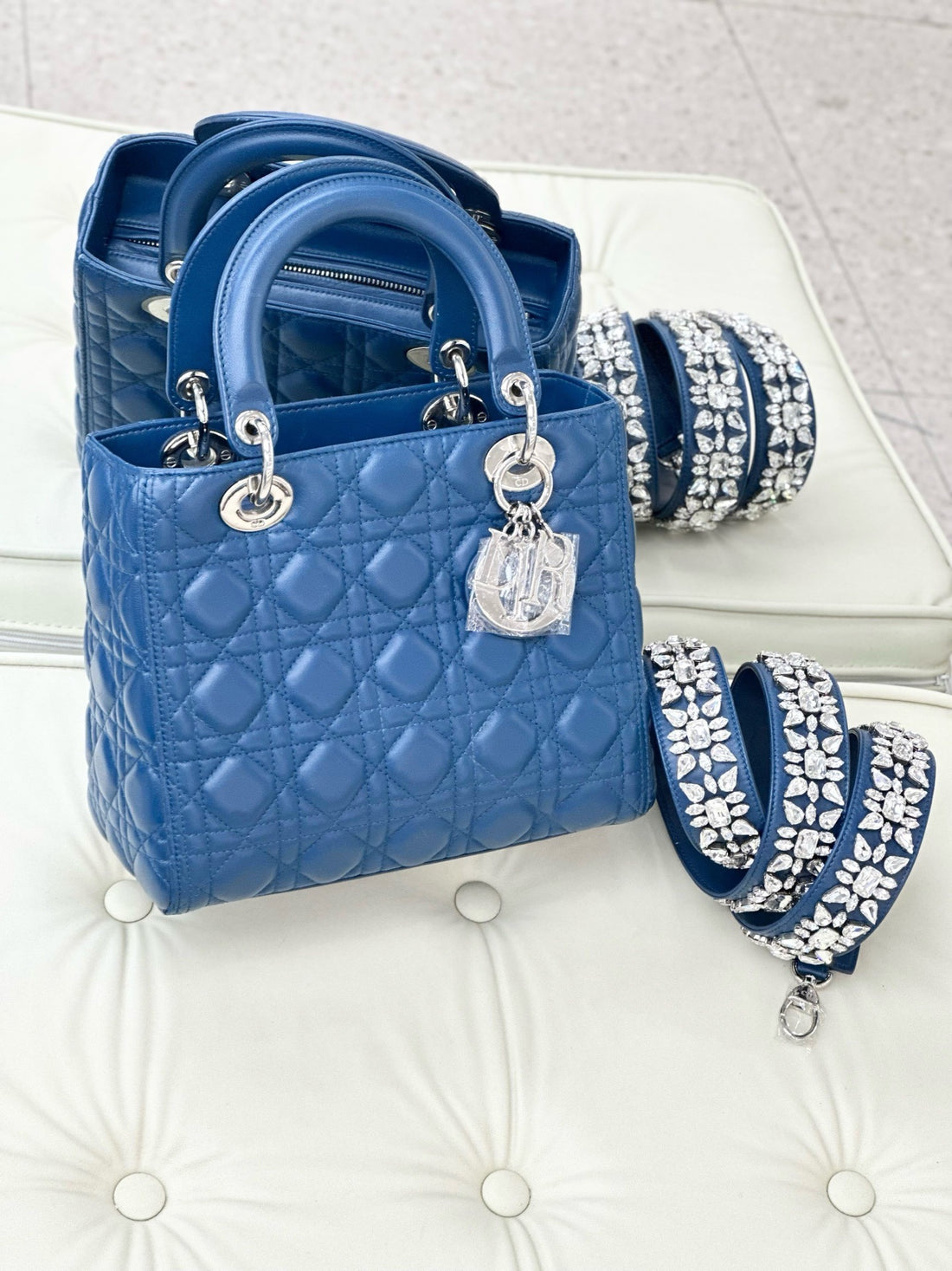Dior Blue Lambskin Cannage Medium Lady Dior