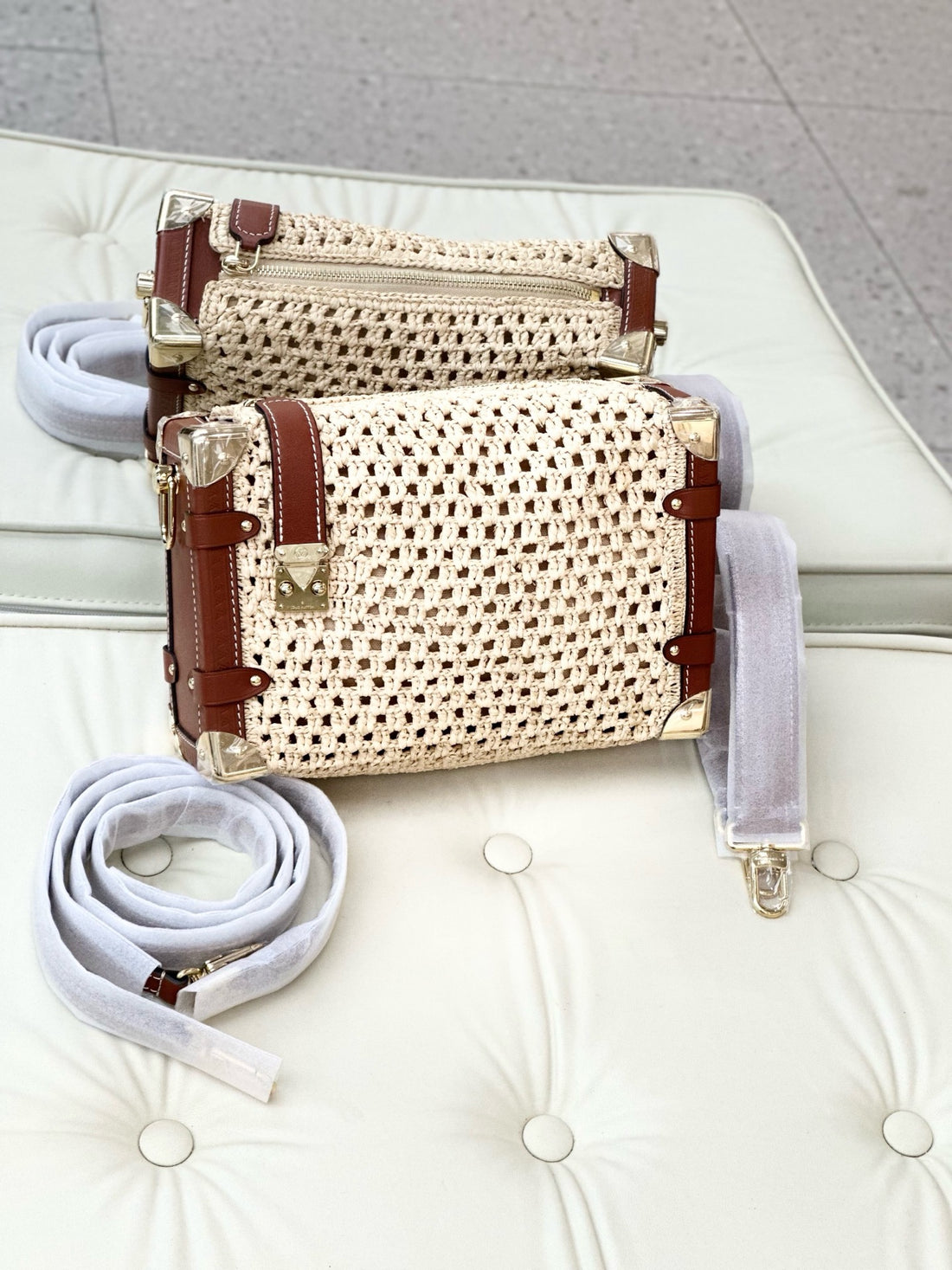 Louis Vuitton 25SS Side Trunk, Medium, Raffia Woven and Brown Leather.