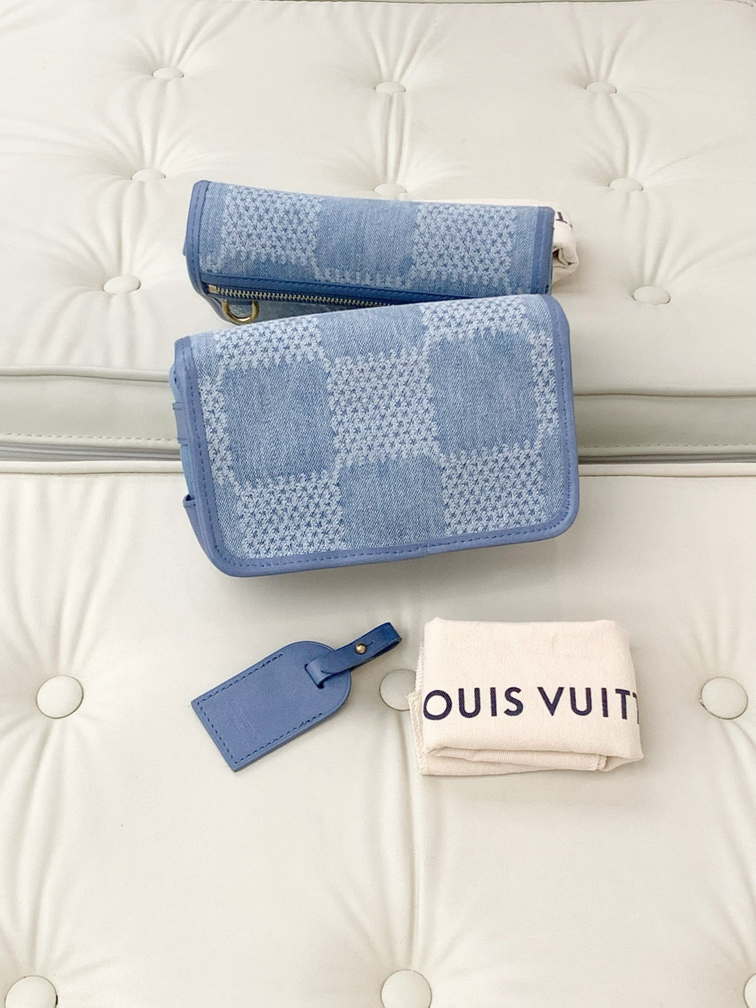 LV 25S Bosphore Blue Damier Denim Jeans with Gold Buckles